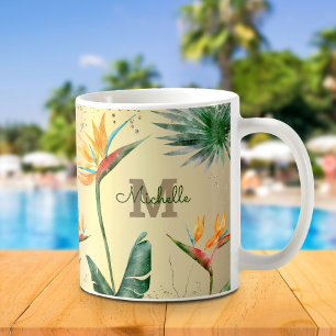 Monogramskript för guld Tropical Handflatan Foliag Kaffemugg