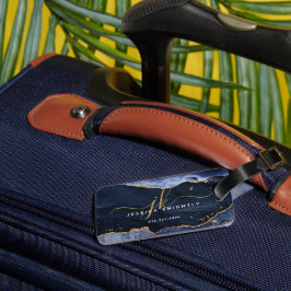 Monogramskript för marinblå agate Geode Guld Glitt Bagagebricka