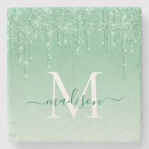 Monogramskript för Mint-Grönt för elegant Glitter Stenunderlägg