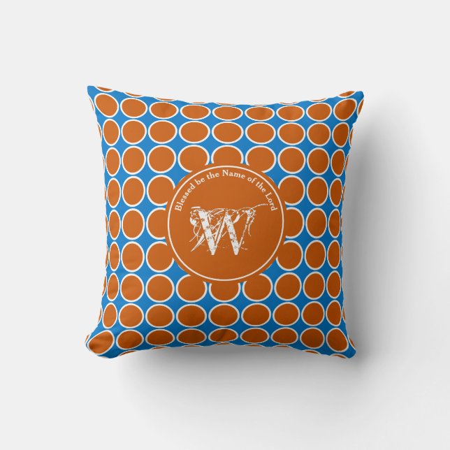 Monogramskript för POLKA DOT Blue Orange Anpassnin Kudde (Framsida)