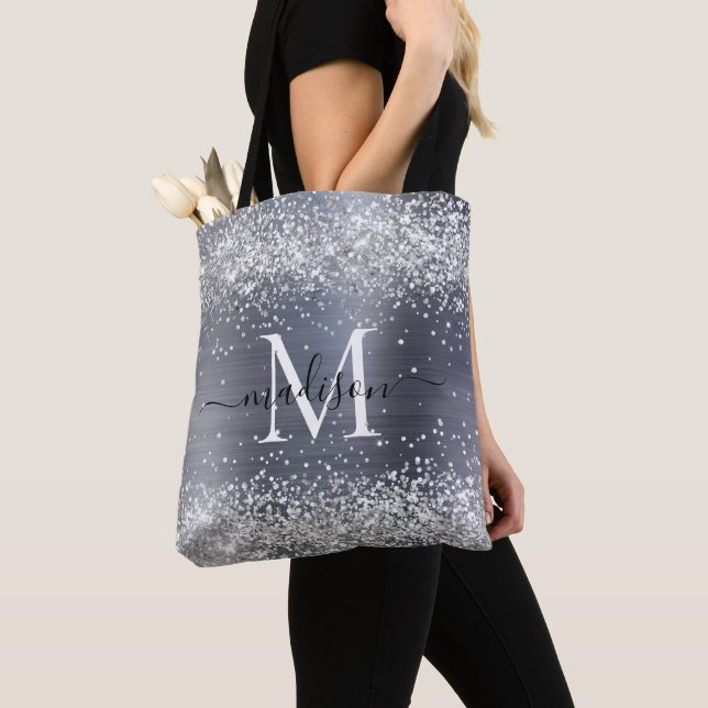Monogramskript för silver Grått Glitter Brushed Me Tygkasse (Närbild)