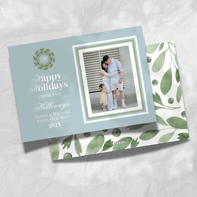 Monogramskript med vattenfärg, fotoplatt Helgdag Julkort (Celebrate the holiday season with this elegant blue and green holiday card!)
