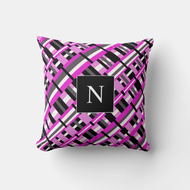 Monogramstift i Rosa, svartvitt och Grått Diagonal Kudde (Framsida)