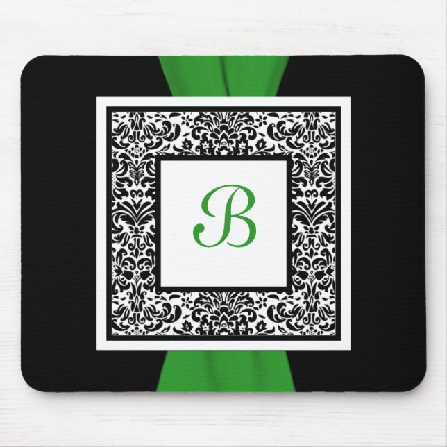 Monogramsvart, grönt och vitdamast Mousepad Musmatta (Framsidan)