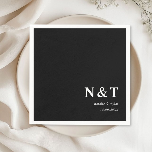 Monogramsvart Pappersservett (Monogram, modern, simple, elegant black napkins, with your names and date.)