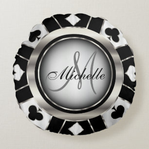 Monogramsvart, vit och silverpokerchip rund kudde