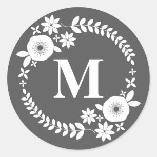 Monogramsymbol för vit Blommigt Runt Klistermärke