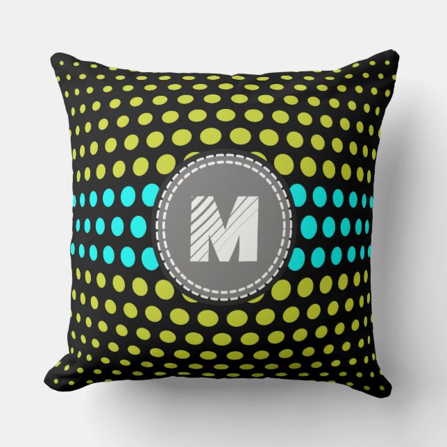 Monogramsyra grönt & Aqua Polka dots Mönster Kudde (Framsida)