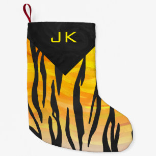Monogramtigersvart och orange tryckmönster liten julstrumpa