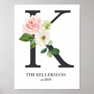 Monogramtryck, Blommig Bokstav K, Bröllop, Barnkam Poster