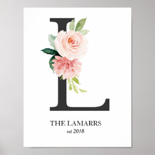 Monogramtryck, Blommig Bokstav L, Bröllop, Barnkam Poster
