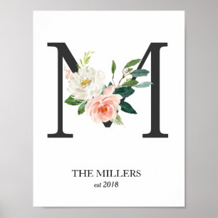 Monogramtryck, Blommig Bokstav M, Bröllop, Barnkam Poster