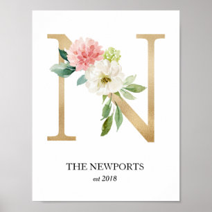 Monogramtryck, Blommig Bokstav N, Bröllop, Barnkam Poster
