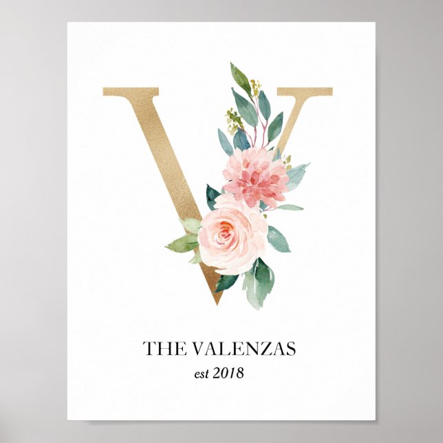 Monogramtryck, Bokstav V, Bröllopspresent, Barnkam Poster (Framsidan)