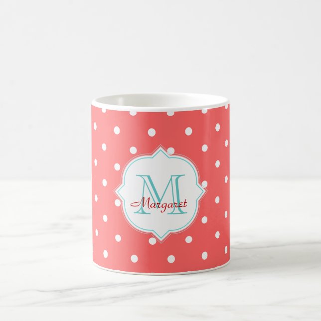 Monogramturkos- och korallpolka dots kaffemugg (Center)