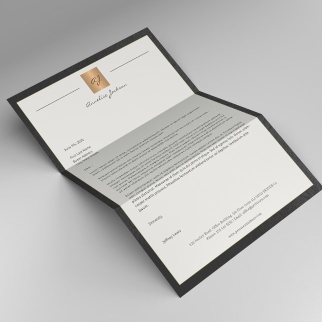 Monogramverksamhet med lyxsvart läder ram guld brevhuvud (Skapare uppladdad)