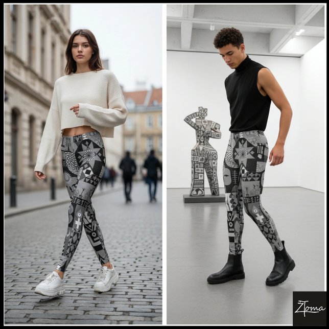 Monokrom Abstrakt Geometrisk Folklig Konst Quilt Leggings (Skapare uppladdad)