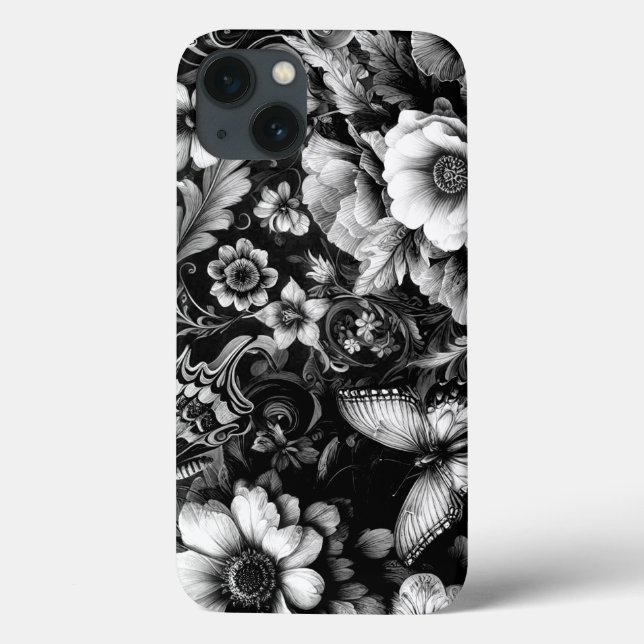 Monokrom antikisk Blommigt med fjärilar (Baksida)