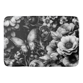 Monokrom antikisk Blommigt med fjärilar Badrumsmatta