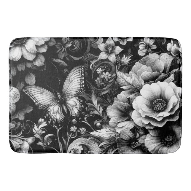 Monokrom antikisk Blommigt med fjärilar Badrumsmatta (Framsidan)