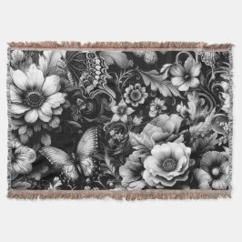 Monokrom antikisk Blommigt med fjärilar Filt