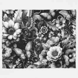Monokrom antikisk Blommigt med fjärilar Fleecefilt
