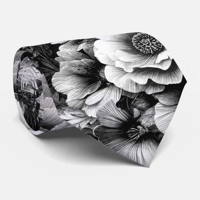 Monokrom antikisk Blommigt med fjärilar Slips (Rullad)