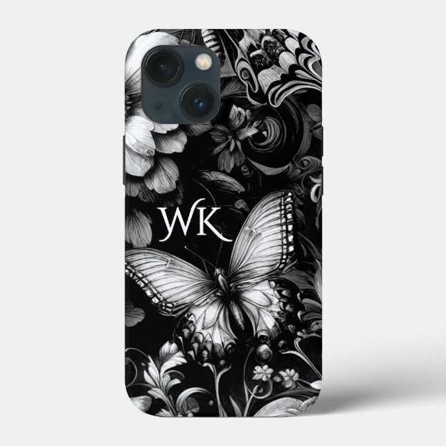 Monokrom Blommigt Butterflies Monogram (Baksida)