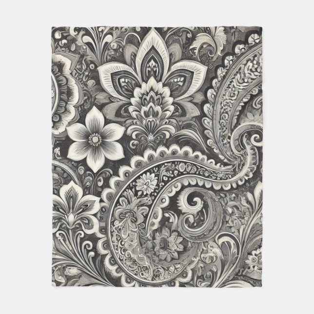 Monokrom Blommigt Paisley Black & White Fleecefilt (Framsidan)