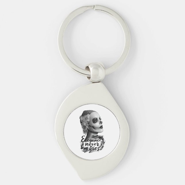 Monokrom Calavera Swirl Silverfärgad Nyckelring (Framsidan)