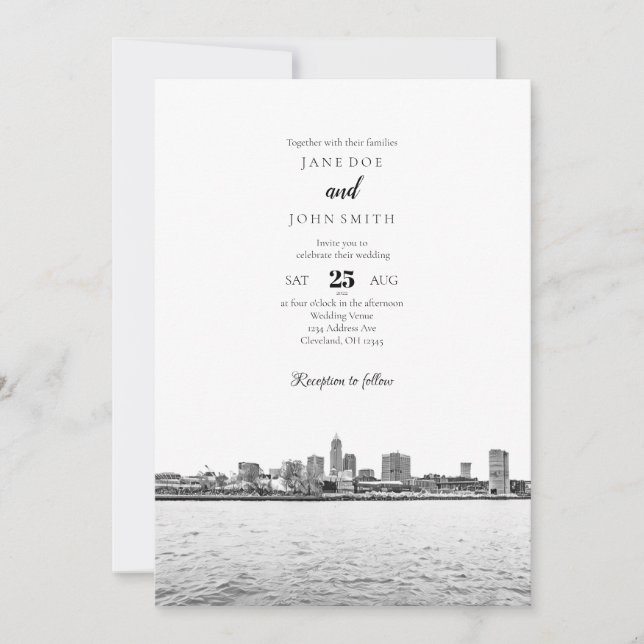 Monokrom Cleveland Skyline Wedding-inbjudan Inbjudningar (Framsida)