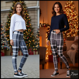 Monokrom Grå Svart Vit Rutig Tartan Leggings