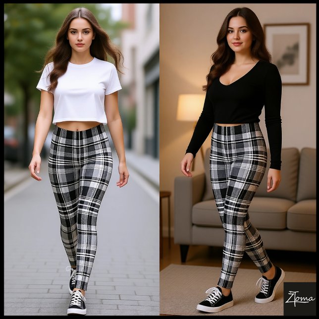 Monokrom Grå Svart Vit Tartan Rutig Leggings (Skapare uppladdad)