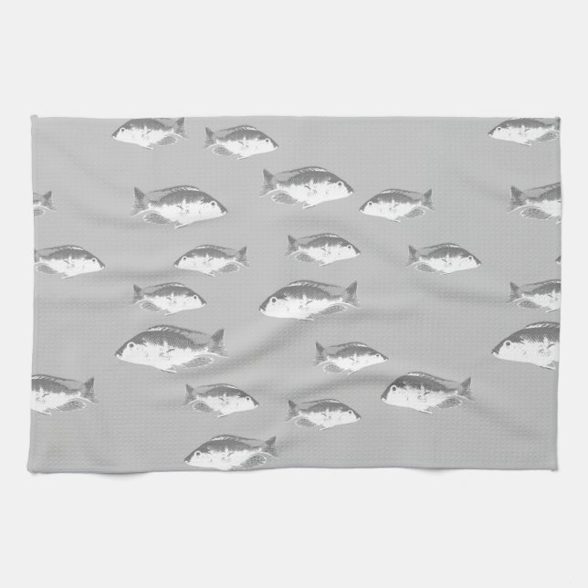 Monokrom grått-fisk kökshandduk (Horisontell)