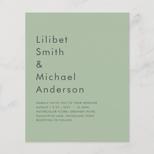 Monokrom Grönt för BUDGET Bröllop Sage Apple-fil Flygblad (Framsidan)