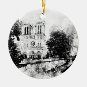 Monokrom illustration av Notre-Dame-katedralen Julgransprydnad Keramik