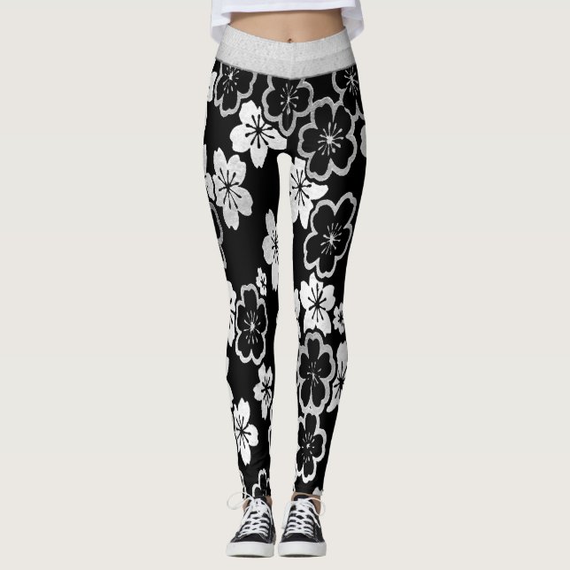 Monokrom japansk blommigt leggings (Framsida)