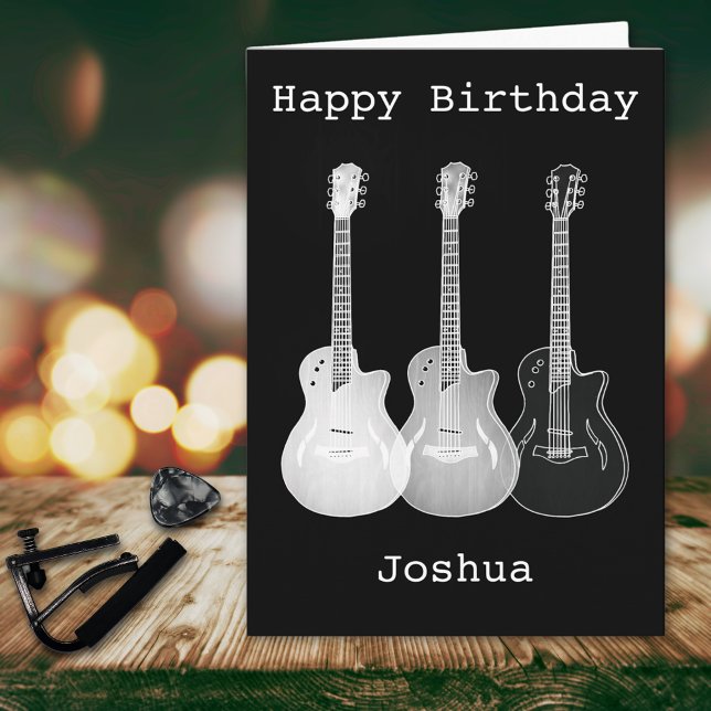 Monokrom konst Musik Elgitarr Namn Joshua Kort (Cool electric guitar Happy birthday black and white personalized music themed greetings card )