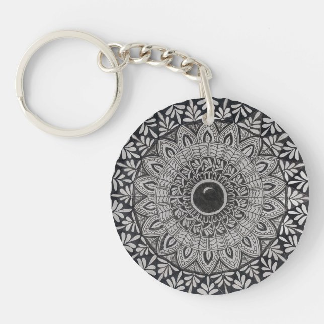 monokrom mandala-konst på akrylnyckelring (Framsidan)