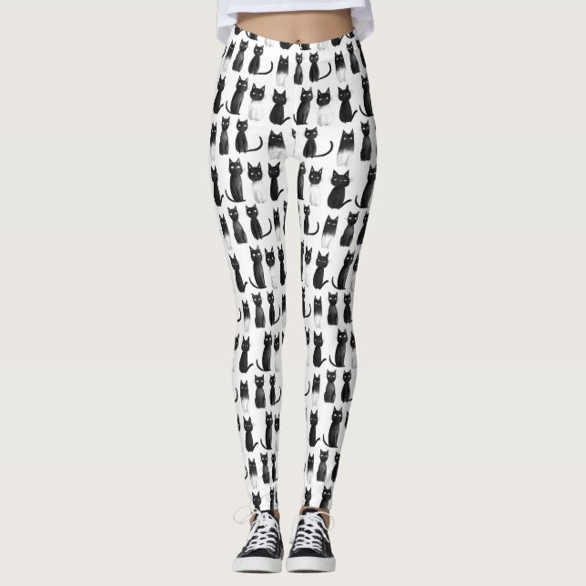 Monokrom meow Leggings - Svarta katter (Framsida)