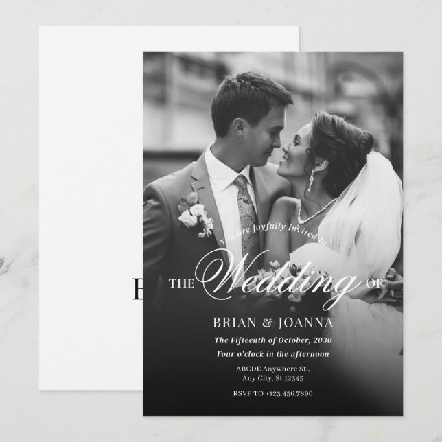 Monokrom, modernt, minimalistiskt skript, foto brö inbjudningar (Fram/baksida)