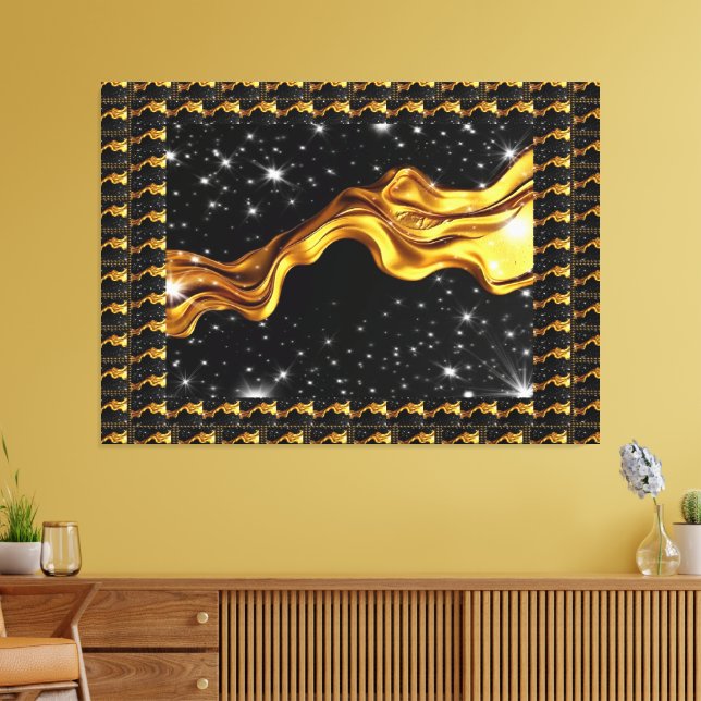 Monokrom Opulent Virvel Flytande Guld Svart Achemp Canvastryck (Insitu (Vardagsrum))