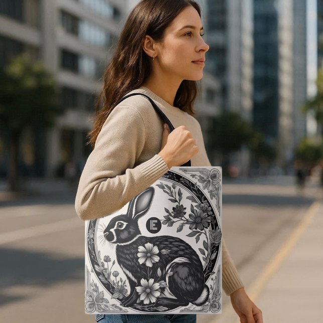 Monokrom påskhar floral vintage victoriansk tygkasse (Monochrome Easter Bunny Floral Vintage Victorian Tote Bag)