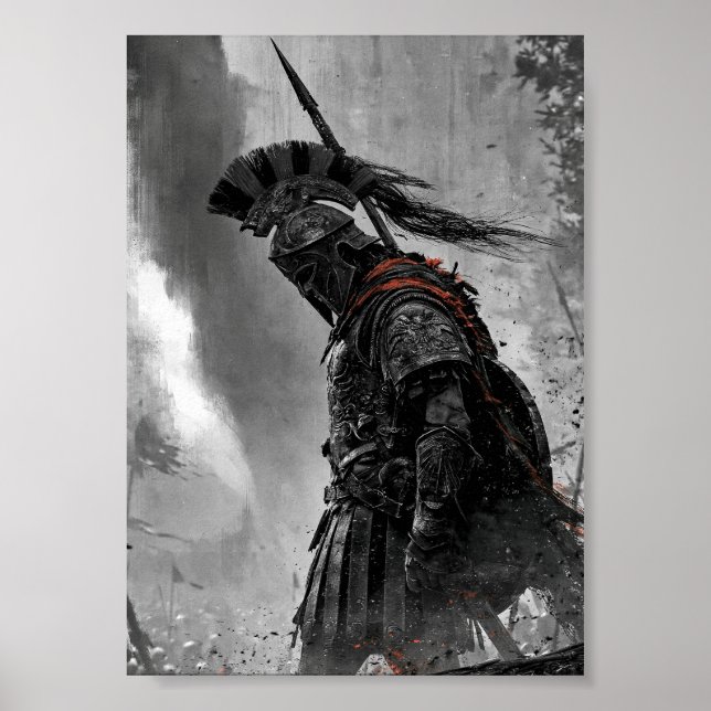 Monokrom Spartansk Krigare i Utförlig Rustning Poster (Framsidan)