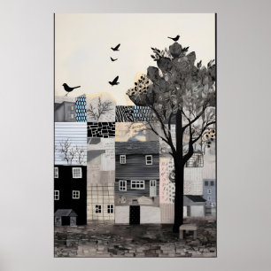 Monokrom stadslandskaps konsttryck surrealistisk v poster