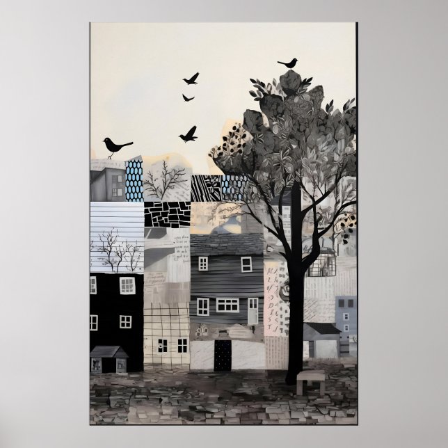 Monokrom stadslandskaps konsttryck surrealistisk v poster (Framsidan)