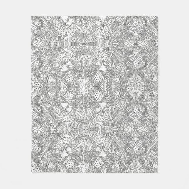 monokrom Symmetrisk Doodle Mandala Svart & Vit Fleecefilt (Framsidan)