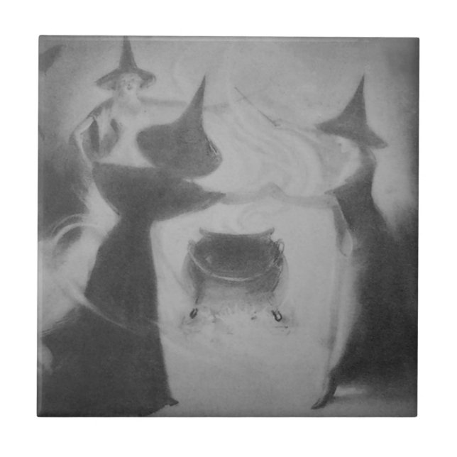Monokrom Witch Natt Cauldron Spell Magic Kakelplatta (Framsidan)