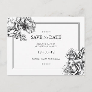 Monokroma blommiga bröllops-kort för Save the Date Meddelande Vykort