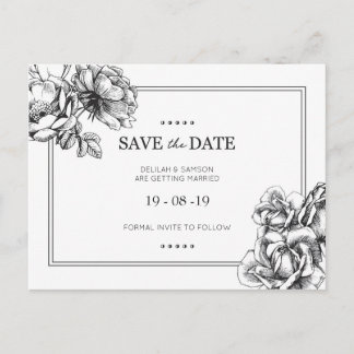 Monokroma blommiga bröllops-kort för Save the Date Meddelande Vykort